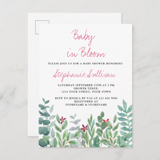 Baby in het Baby shower van Bloom Eucalyptus Green Aankondigingskaart (Voorkant / Achterkant)