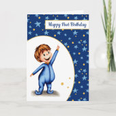 Baby in Pajamas Blue en Yellow First Birthday Kaart (Voorkant)