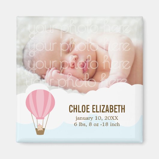 Baby in Pink Ballon Baby Birth Announements Magneet (Voorkant)
