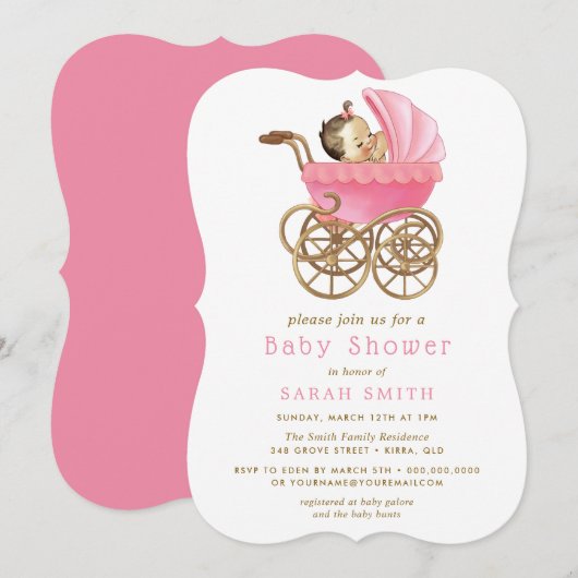 Baby in Stroller Pink Baby shower nodigen Kaart (Voorkant / Achterkant)