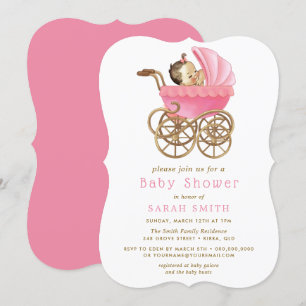 Baby in Stroller Pink Baby shower nodigen Kaart