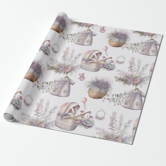 Baby in Waterverf Lavender Bloom Wrapping Paper Cadeaupapier (Uitgerold)