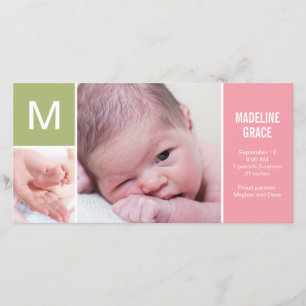 Baby Initiaal Geboorteaankondiging - Roze Aankondiging