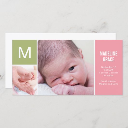 Baby Initiaal Geboorteaankondiging - Roze Aankondiging (Voorkant / Achterkant)