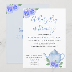Baby is Brewing Blauwe Theepot Jongen Baby Shower Kaart