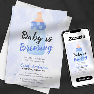 Baby is Brewing Blue Bottle Watercolor Baby Shower Kaart