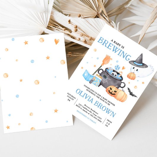Baby is Brewing Blue Halloween Baby shower Kaart