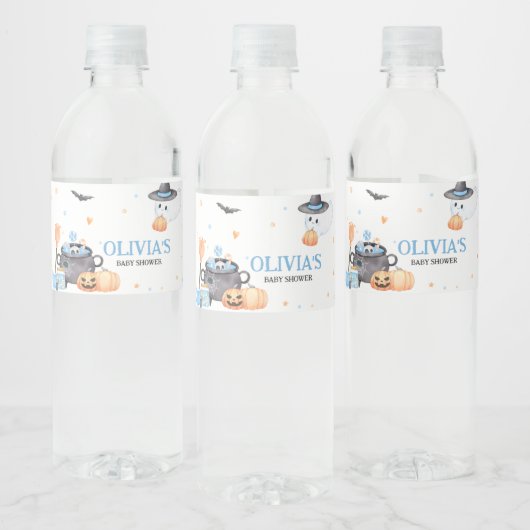 Baby is Brewing Blue Halloween Baby shower Waterfles Etiket (Flessen)