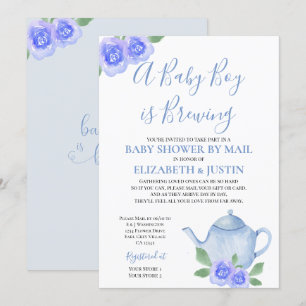 Baby is Brewing Blue Teapot Baby shower per post Kaart