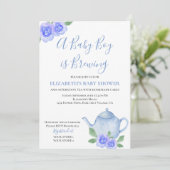 Baby is Brewing Blue Teapot Boy Baby shower Kaart (Staand voorkant)