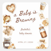 Baby Is Brewing Coffee Brown Baby Shower Vierkante Sticker (Voorkant)