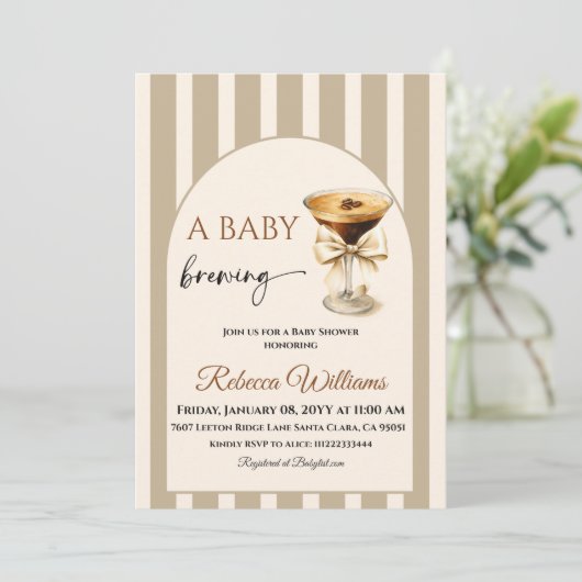 Baby is Brewing Coffee Theme Beige Bow Baby Shower Kaart (Staand voorkant)