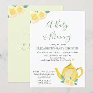 Baby is Brewing Gele Theepot Baby Shower Kaart