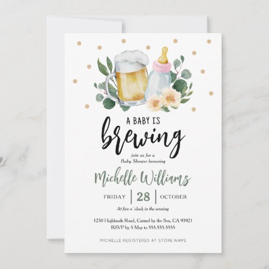 Baby Is Brewing Greenery Baby Shower Invitation Kaart (Voorkant)