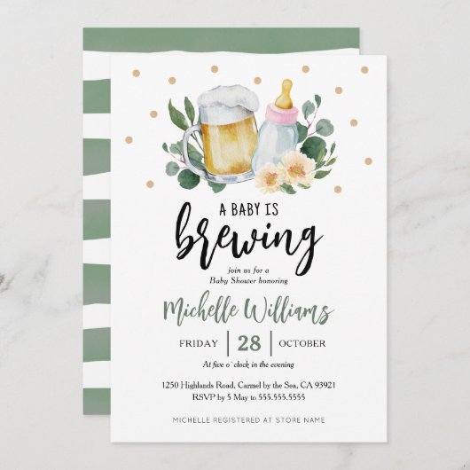 Baby Is Brewing Greenery Baby Shower Invitation Kaart (Voorkant / Achterkant)