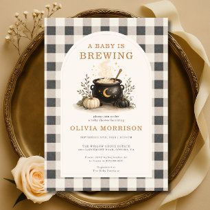 Baby is Brewing Halloween Gingham Baby Shower Kaart
