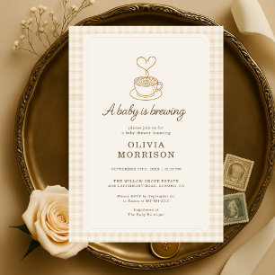 Baby Is Brewing Koffie Gingham Baby Shower Uitnodi Kaart