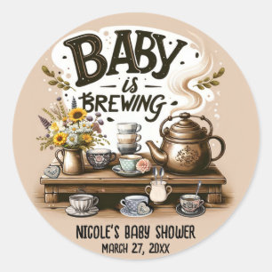 Baby is Brewing Landelijke Theeketel Perzik Douche Ronde Sticker