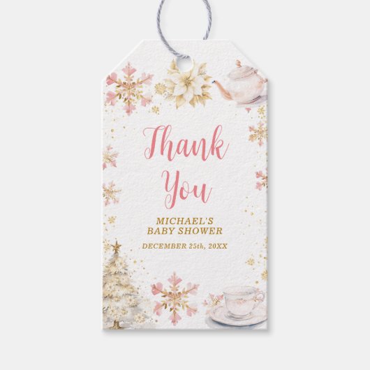 Baby Is Brewing Pink Winter Tea Party Baby Shower Cadeaulabel (Voorkant)