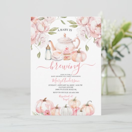 Baby Is Brewing Roze Bloemige Thee Party Baby Show Kaart (Staand voorkant)