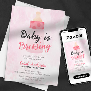 Baby is Brewing Roze Fles Waterverf Baby Borrel Kaart