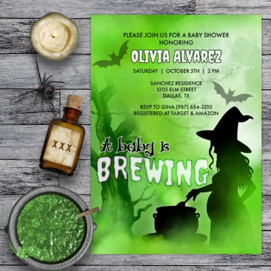Baby is Brewing Spooky Heks Halloween Baby Shower Kaart