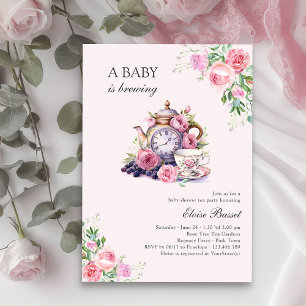 Baby is Brewing Vintage Theepartij Roze Baby Showe Kaart