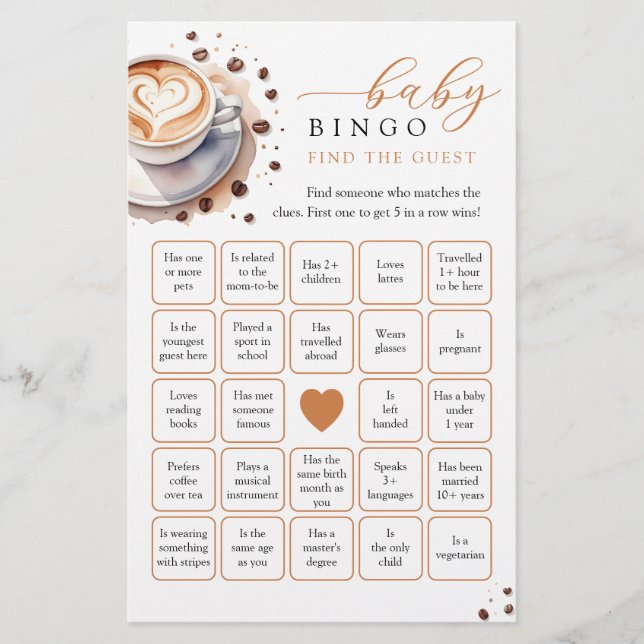 Baby is Brouwen Koffie Vind de gast Bingo Game (Voorkant)