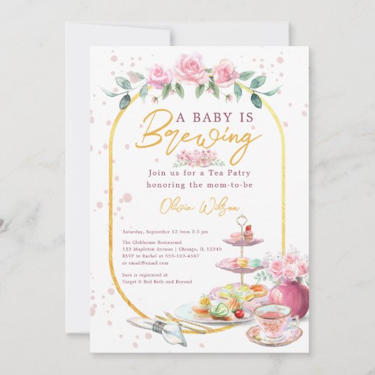 Baby is het brouwen van roze bloementhee Baby show Kaart (Voorkant)