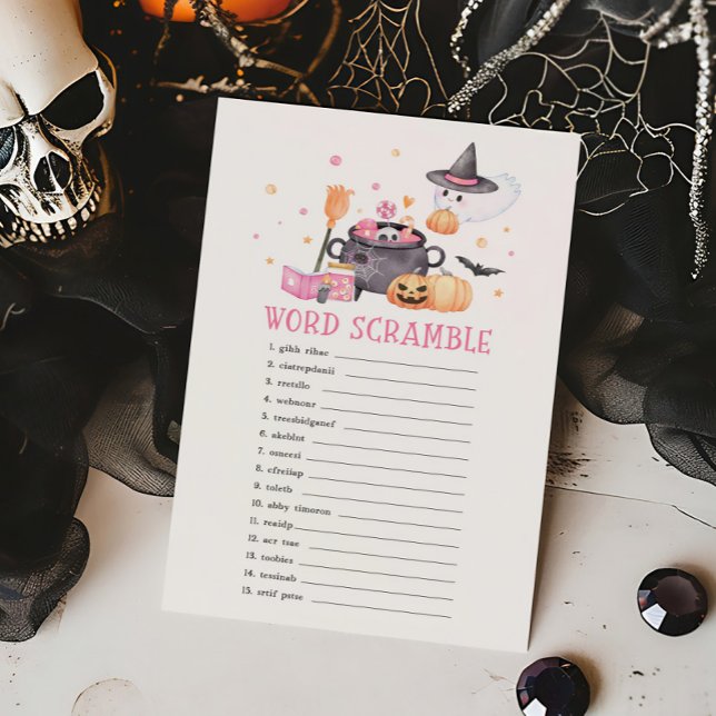 Baby is het brouwen van roze Halloween Word Scramb (Baby is Brewing Baby Shower Word Scramble Game)