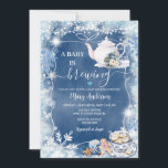 Baby is het brouwen van Snowflakes Tea Party Baby  Kaart<br><div class="desc">EDITABLE A Baby Is Brewing Tea Party Snowflake Baby shower Invitation Christmas Tea Party Blue Floral Baby shower Party Tea With Mommy to Be Baby shower Invitation Winter Christmas</div>