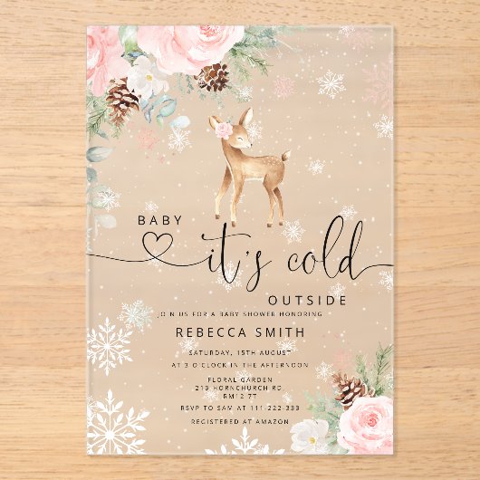 Baby is koud buiten Baby herten Baby shower Acryl Uitnodigingen (Voorkant)