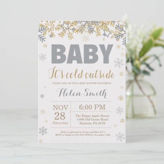 Baby is koud buiten goud en grijs Baby shower Kaart (Staand voorkant)