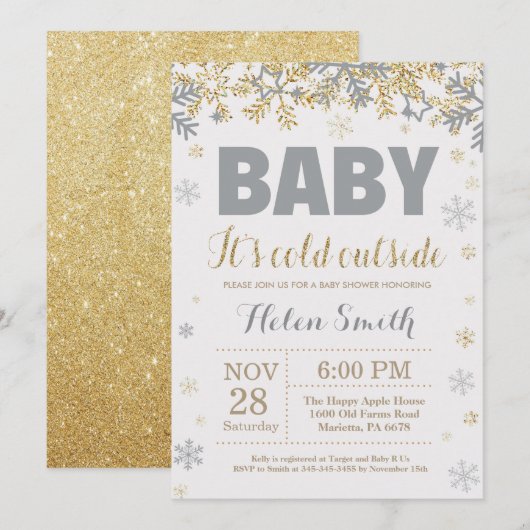 Baby is koud buiten goud en grijs Baby shower Kaart (Voorkant / Achterkant)