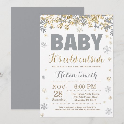 Baby is Koud Buiten Goud en Grijs Baby shower Kaart (Voorkant / Achterkant)