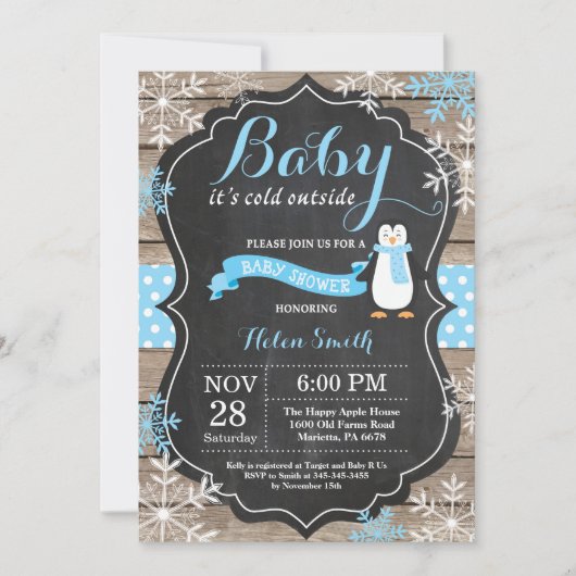 Baby is Koud Buiten het Baby shower van Penguin Bo Kaart (Voorkant)