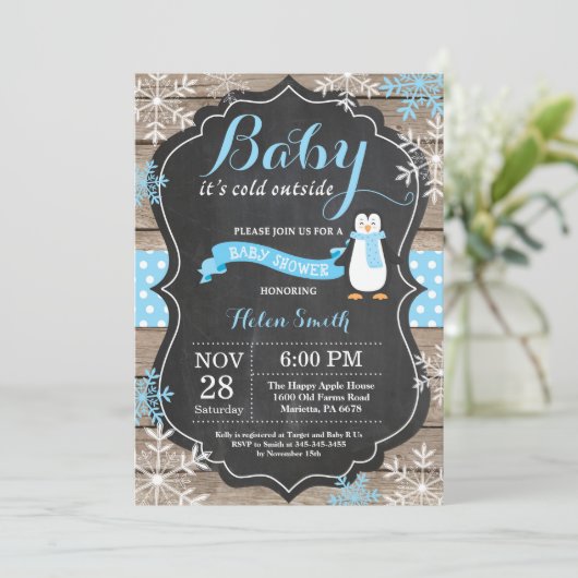 Baby is Koud Buiten het Baby shower van Penguin Bo Kaart (Staand voorkant)