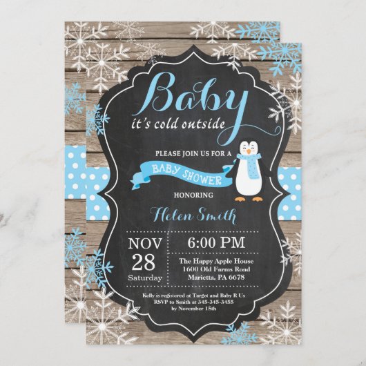 Baby is Koud Buiten het Baby shower van Penguin Bo Kaart (Voorkant / Achterkant)
