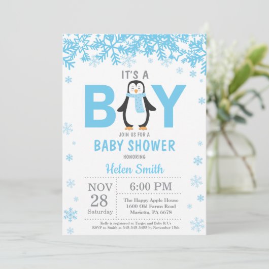 Baby is Koud Buiten het Baby shower van Penguin Bo Kaart (Staand voorkant)