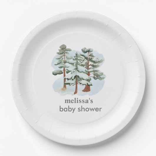 Baby is koud buiten het winterbos papieren bordje (Voorkant)