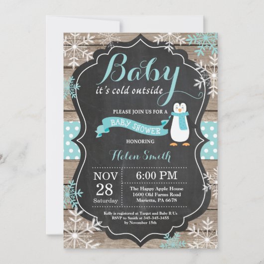 Baby is Koud Buiten Penguin Aqua Baby shower Kaart (Voorkant)