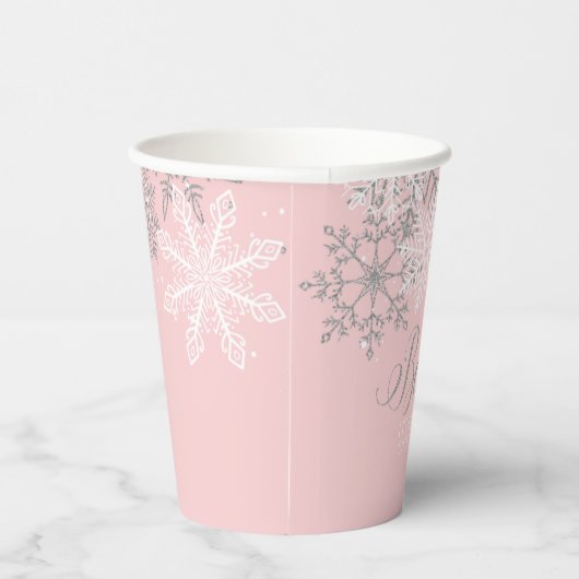 Baby is Koud Buiten Roze Snowflakes Baby shower Papieren Bekers (Rechts)