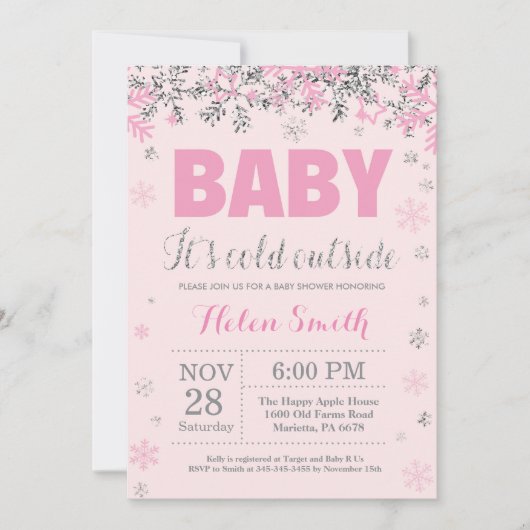 Baby is koud buiten roze zilveren meisje Baby show Kaart (Voorkant)