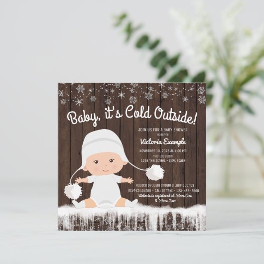 Baby is koud buiten sneeuw Baby shower uitnodiging (Staand voorkant)