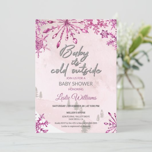 Baby is koud buiten Winter Pink Baby Girl Shower Kaart (Staand voorkant)