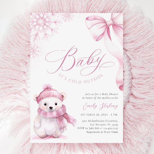 Baby It’s Cold Outside Pink Bear Baby Shower Kaart