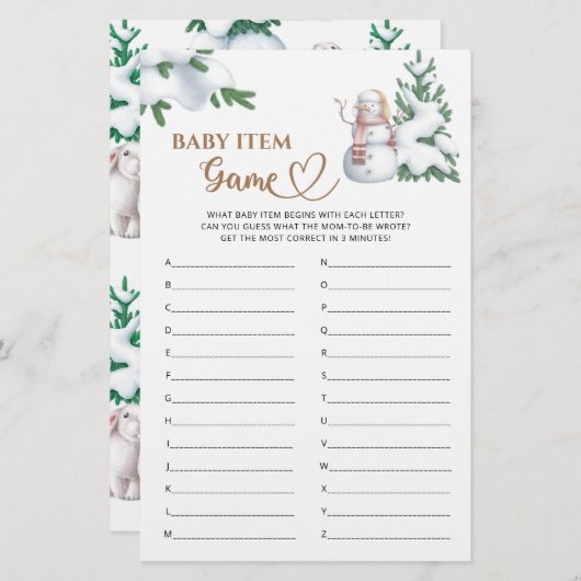 Baby Item Game Winter Baby shower Spel. (Voorkant / Achterkant)