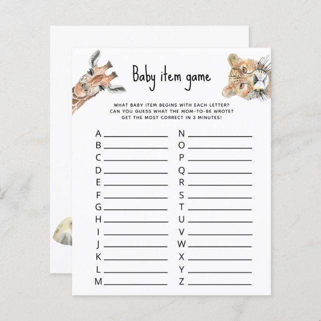 Baby item spel - Safari dieren baby shower (Voorkant / Achterkant)