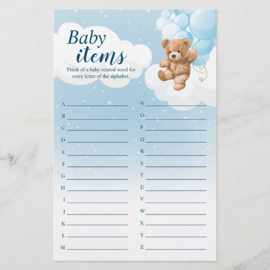 Baby Items alfabet blauw Beer Baby shower spel Flyer (Voorkant)