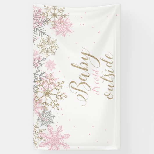 Baby It's Cold Buiten roze goud glitter sneeuwvlok Spandoek (Verticaal)